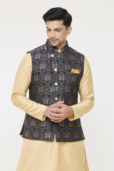 Shop Arihant Rai Sinha Blue Jacquard, Silk Embroidery Floral Woven Bundi And Kurta Set Online at Aza Fashions Shop_Arihant Rai Sinha_Blue Jacquard, Silk Embroidery Floral Woven Bundi And Kurta Set _Online_at_Aza_Fashions