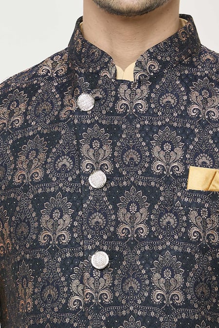 Arihant Rai Sinha Blue Jacquard, Silk Embroidery Floral Woven Bundi And Kurta Set at Aza Fashions Arihant Rai Sinha_Blue Jacquard, Silk Embroidery Floral Woven Bundi And Kurta Set _at_Aza_Fashions