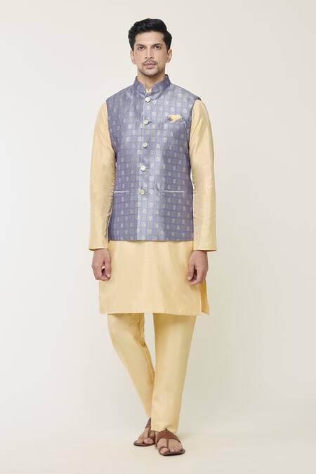 Buy_Arihant Rai Sinha_Gray Jacquard, Silk Embroidery Floral Woven Bundi And Kurta Set _Online_at_Aza_Fashions