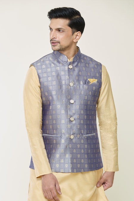 Shop_Arihant Rai Sinha_Gray Jacquard, Silk Embroidery Floral Woven Bundi And Kurta Set _Online_at_Aza_Fashions