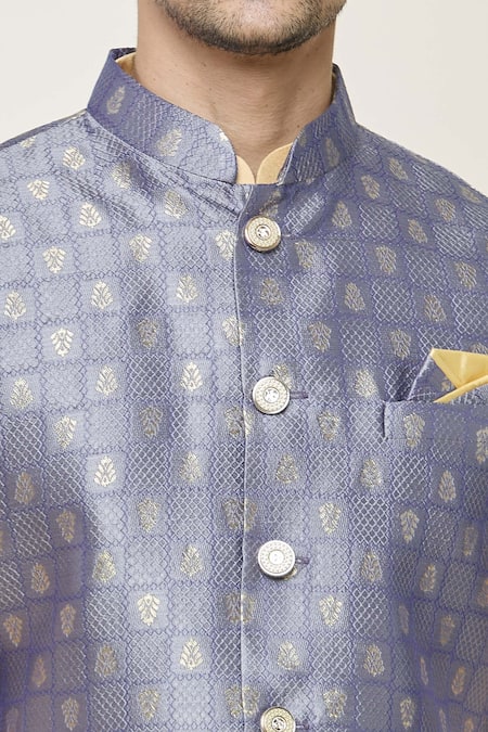 Arihant Rai Sinha_Gray Jacquard, Silk Embroidery Floral Woven Bundi And Kurta Set _at_Aza_Fashions