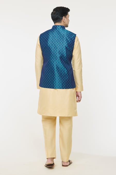 Shop_Arihant Rai Sinha_Blue Jacquard, Silk Diamonds Woven Bundi Set _at_Aza_Fashions