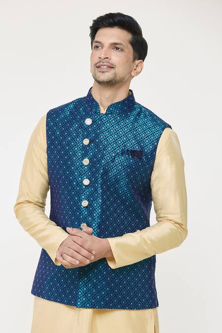 Shop_Arihant Rai Sinha_Blue Jacquard, Silk Diamonds Woven Bundi Set _Online_at_Aza_Fashions