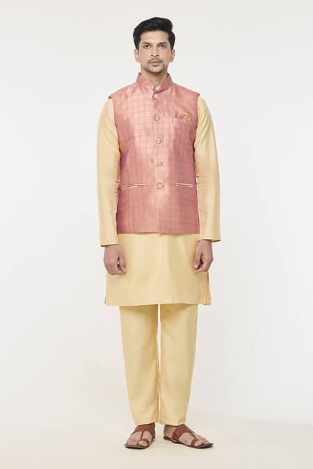 Arihant Rai Sinha Pink Jacquard, Silk Embroidery Checkered Woven Bundi And Kurta Set Online at Aza Fashions Arihant Rai Sinha_Pink Jacquard, Silk Embroidery Checkered Woven Bundi And Kurta Set _Online_at_Aza_Fashions