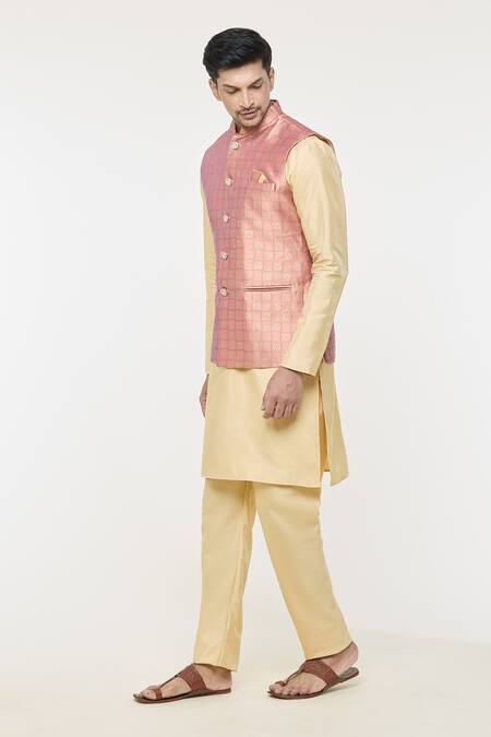 Buy Arihant Rai Sinha Pink Jacquard, Silk Embroidery Checkered Woven Bundi And Kurta Set Online at Aza Fashions Buy_Arihant Rai Sinha_Pink Jacquard, Silk Embroidery Checkered Woven Bundi And Kurta Set _Online_at_Aza_Fashions