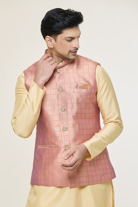 Shop Arihant Rai Sinha Pink Jacquard, Silk Embroidery Checkered Woven Bundi And Kurta Set Online at Aza Fashions Shop_Arihant Rai Sinha_Pink Jacquard, Silk Embroidery Checkered Woven Bundi And Kurta Set _Online_at_Aza_Fashions