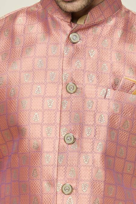 Arihant Rai Sinha Pink Jacquard, Silk Embroidery Checkered Woven Bundi And Kurta Set at Aza Fashions Arihant Rai Sinha_Pink Jacquard, Silk Embroidery Checkered Woven Bundi And Kurta Set _at_Aza_Fashions