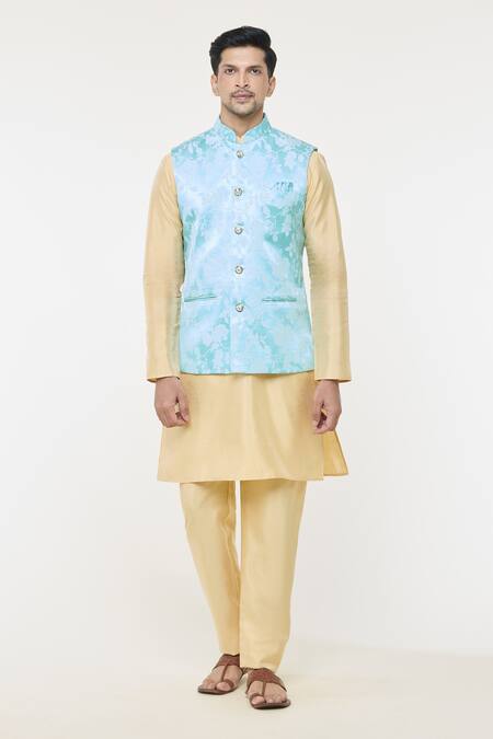 Buy Arihant Rai Sinha Blue Jacquard, Silk Embroidery Botanical Woven Bundi And Gold Kurta Set Online at Aza Fashions Buy_Arihant Rai Sinha_Blue Jacquard, Silk Embroidery Botanical Woven Bundi And Gold Kurta Set_Online_at_Aza_Fashions