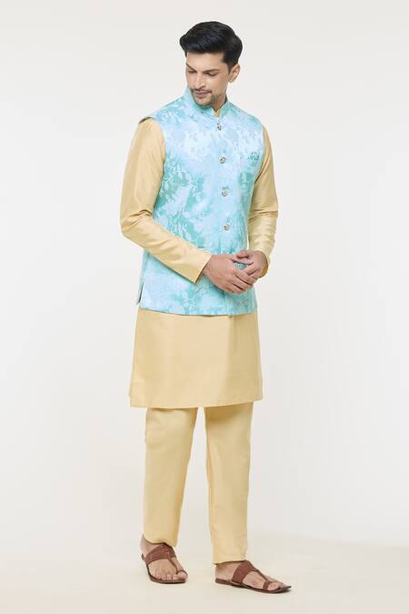 Shop Arihant Rai Sinha Blue Jacquard, Silk Embroidery Botanical Woven Bundi And Gold Kurta Set Online at Aza Fashions Shop_Arihant Rai Sinha_Blue Jacquard, Silk Embroidery Botanical Woven Bundi And Gold Kurta Set_Online_at_Aza_Fashions