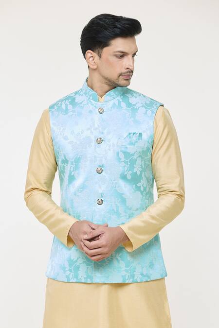 Arihant Rai Sinha Blue Jacquard, Silk Embroidery Botanical Woven Bundi And Gold Kurta Set at Aza Fashions Arihant Rai Sinha_Blue Jacquard, Silk Embroidery Botanical Woven Bundi And Gold Kurta Set_at_Aza_Fashions