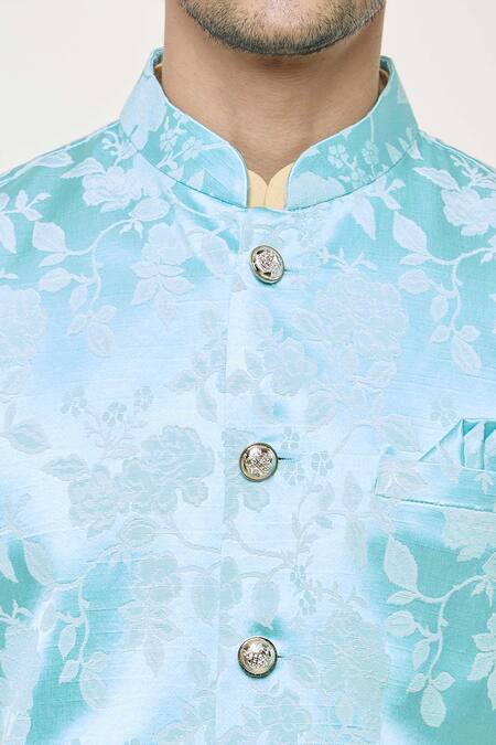 Buy Arihant Rai Sinha Blue Jacquard, Silk Embroidery Botanical Woven Bundi And Gold Kurta Set Buy_Arihant Rai Sinha_Blue Jacquard, Silk Embroidery Botanical Woven Bundi And Gold Kurta Set