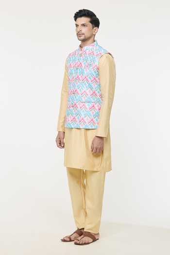 Shop Arihant Rai Sinha Multi Color Silk Embroidery Chevron Pattern Bundi And Kurta Set Online at Aza Fashions Shop_Arihant Rai Sinha_Multi Color Silk Embroidery Chevron Pattern Bundi And Kurta Set _Online_at_Aza_Fashions