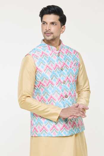 Arihant Rai Sinha Multi Color Silk Embroidery Chevron Pattern Bundi And Kurta Set at Aza Fashions Arihant Rai Sinha_Multi Color Silk Embroidery Chevron Pattern Bundi And Kurta Set _at_Aza_Fashions