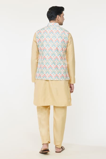 Shop Arihant Rai Sinha Multi Color Silk Embroidery Chevron Bundi And Kurta Set at Aza Fashions Shop_Arihant Rai Sinha_Multi Color Silk Embroidery Chevron Bundi And Kurta Set _at_Aza_Fashions