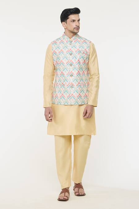 Arihant Rai Sinha Multi Color Silk Embroidery Chevron Bundi And Kurta Set Online at Aza Fashions Arihant Rai Sinha_Multi Color Silk Embroidery Chevron Bundi And Kurta Set _Online_at_Aza_Fashions