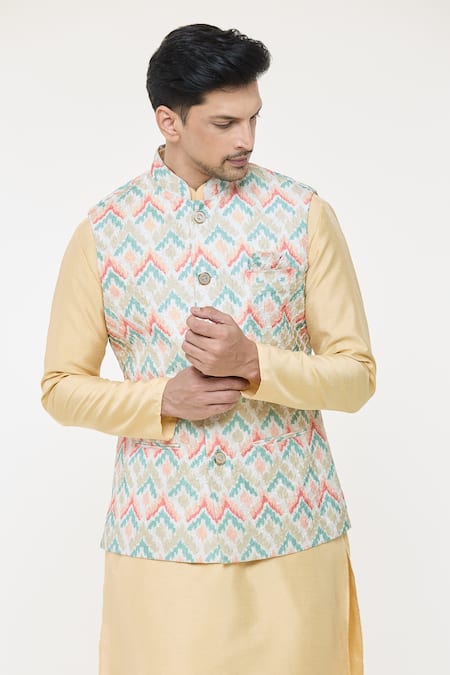 Shop Arihant Rai Sinha Multi Color Silk Embroidery Chevron Bundi And Kurta Set Online at Aza Fashions Shop_Arihant Rai Sinha_Multi Color Silk Embroidery Chevron Bundi And Kurta Set _Online_at_Aza_Fashions