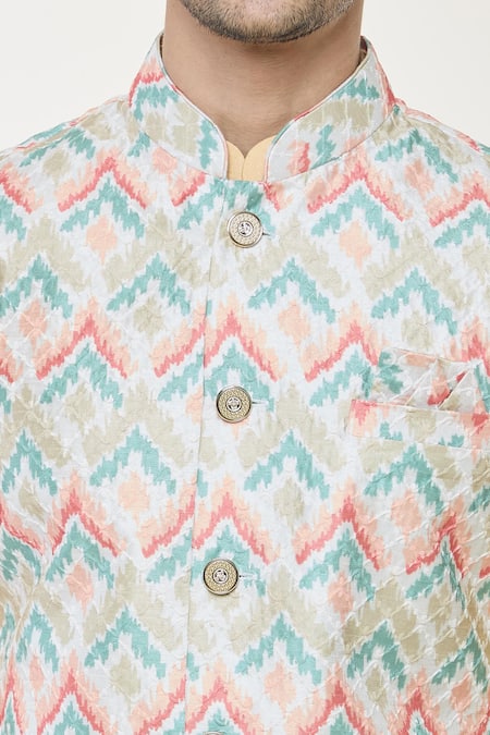 Arihant Rai Sinha Multi Color Silk Embroidery Chevron Bundi And Kurta Set at Aza Fashions Arihant Rai Sinha_Multi Color Silk Embroidery Chevron Bundi And Kurta Set _at_Aza_Fashions