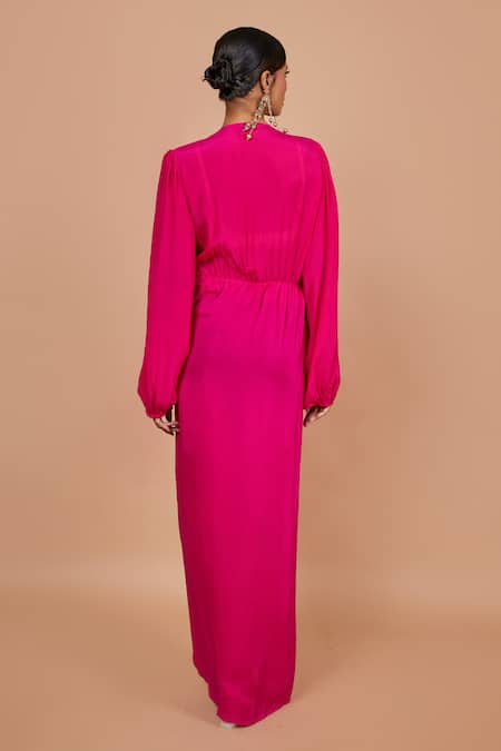 Vishwa By Pinki Sinha Pink Crepe V-neck Solid Asymmetric Dress Online at Aza Fashions Vishwa By Pinki Sinha_Pink Crepe V-neck Solid Asymmetric Dress _Online_at_Aza_Fashions