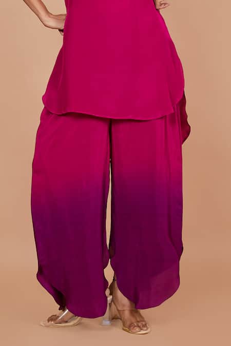 Buy_Vishwa By Pinki Sinha_Wine Crepe Collared Solid High-low Kurta With Petal Pant _Online_at_Aza_Fashions