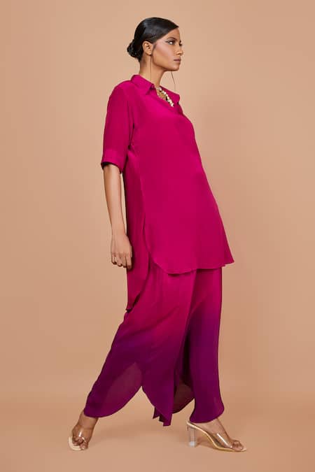 Shop_Vishwa By Pinki Sinha_Wine Crepe Collared Solid High-low Kurta With Petal Pant _Online_at_Aza_Fashions