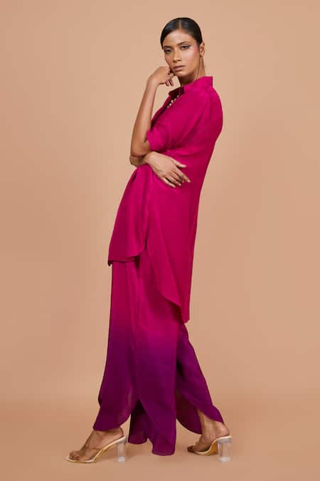 Vishwa By Pinki Sinha_Wine Crepe Collared Solid High-low Kurta With Petal Pant _at_Aza_Fashions