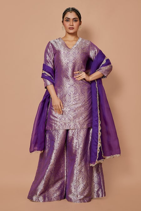 VISHWA BY PINKI SINHA Purple Banarsi Silk Woven Floral V-neck Kurta Sharara Set 