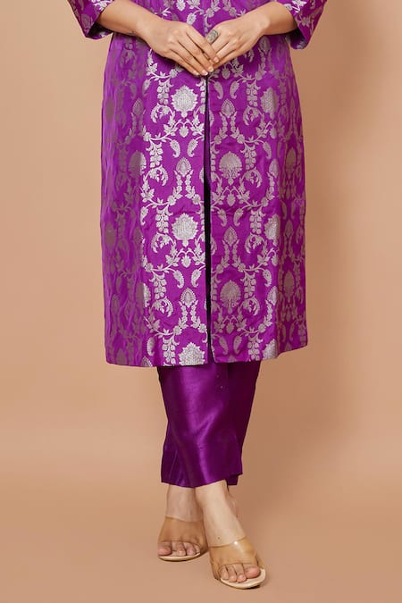 Vishwa By Pinki Sinha Purple Silk Zari Mandarin Collar Banarasi Woven Kurta With Pant Online at Aza Fashions Vishwa By Pinki Sinha_Purple Silk Zari Mandarin Collar Banarasi Woven Kurta With Pant _Online_at_Aza_Fashions