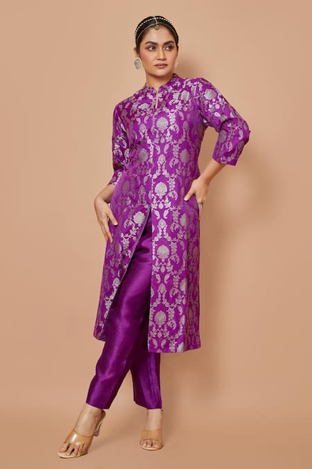 Buy Vishwa By Pinki Sinha Purple Silk Zari Mandarin Collar Banarasi Woven Kurta With Pant Online at Aza Fashions Buy_Vishwa By Pinki Sinha_Purple Silk Zari Mandarin Collar Banarasi Woven Kurta With Pant _Online_at_Aza_Fashions