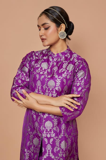 Shop Vishwa By Pinki Sinha Purple Silk Zari Mandarin Collar Banarasi Woven Kurta With Pant Online at Aza Fashions Shop_Vishwa By Pinki Sinha_Purple Silk Zari Mandarin Collar Banarasi Woven Kurta With Pant _Online_at_Aza_Fashions