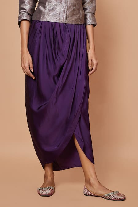 Vishwa By Pinki Sinha_Purple Silk Embroidery, Zari Mandarin Geometric Woven Jacket With Draped Skirt_Online_at_Aza_Fashions