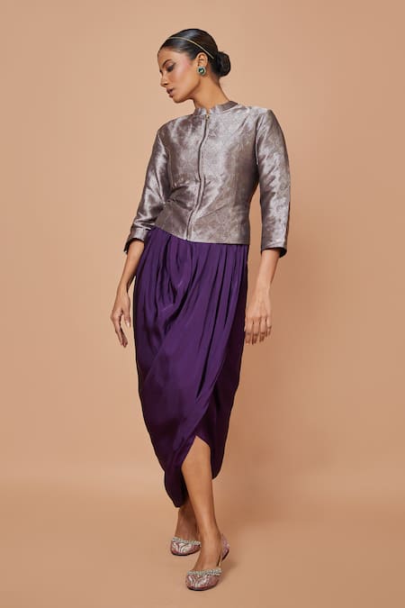 Buy_Vishwa By Pinki Sinha_Purple Silk Embroidery, Zari Mandarin Geometric Woven Jacket With Draped Skirt_Online_at_Aza_Fashions