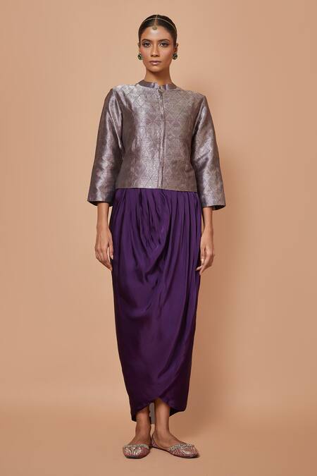 Shop_Vishwa By Pinki Sinha_Purple Silk Embroidery, Zari Mandarin Geometric Woven Jacket With Draped Skirt_Online_at_Aza_Fashions