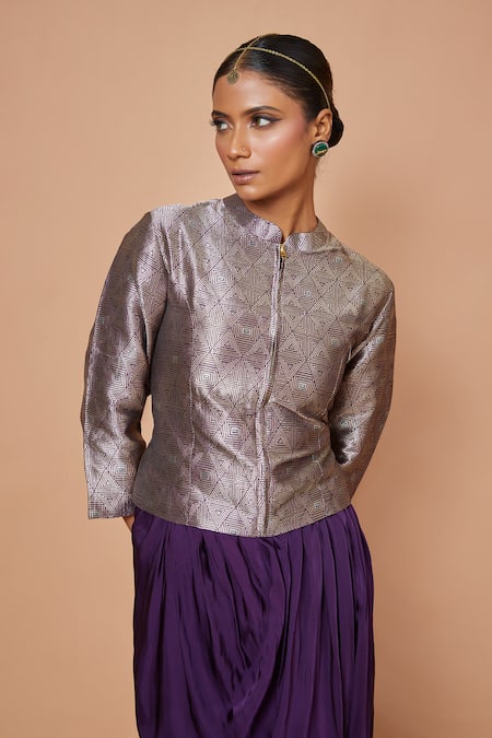 Vishwa By Pinki Sinha_Purple Silk Embroidery, Zari Mandarin Geometric Woven Jacket With Draped Skirt_at_Aza_Fashions