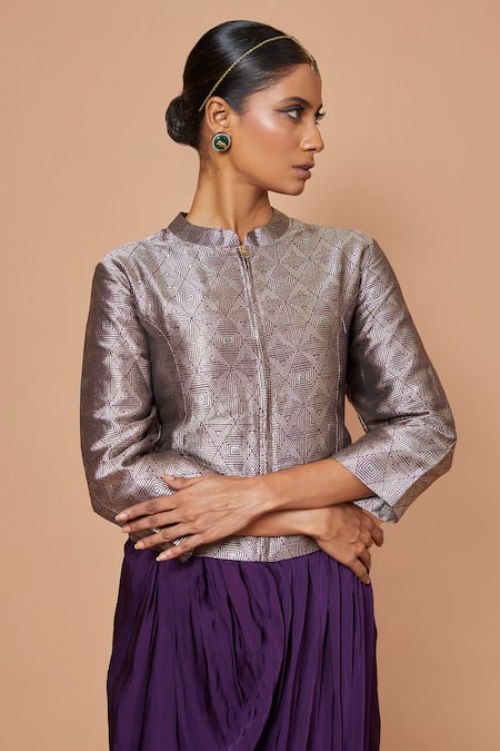 Buy_Vishwa By Pinki Sinha_Purple Silk Embroidery, Zari Mandarin Geometric Woven Jacket With Draped Skirt