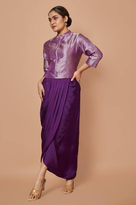 Vishwa By Pinki Sinha_Purple Silk Zari Mandarin Collar Chevron Woven Jacket With Draped Skirt_Online_at_Aza_Fashions