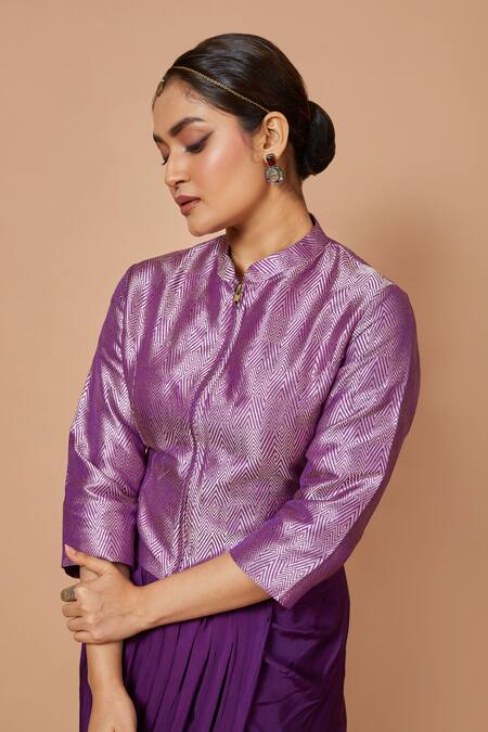 Vishwa By Pinki Sinha_Purple Silk Zari Mandarin Collar Chevron Woven Jacket With Draped Skirt_at_Aza_Fashions