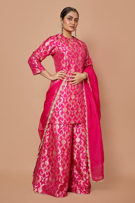 Buy_Vishwa By Pinki Sinha_Pink Silk Lace Keyhole Neck Floral Zari Woven Kurta Sharara Set_Online_at_Aza_Fashions
