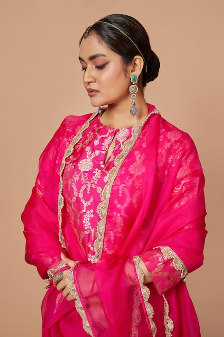 Shop_Vishwa By Pinki Sinha_Pink Silk Lace Keyhole Neck Floral Zari Woven Kurta Sharara Set_Online_at_Aza_Fashions