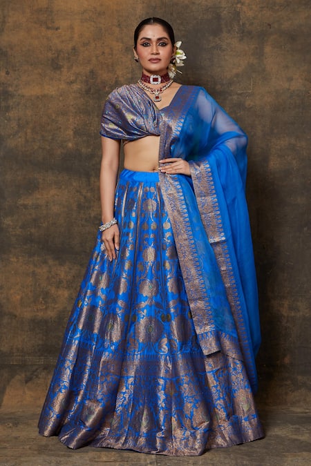 VISHWA BY PINKI SINHA Blue Banarsi Silk Woven Floral Jaal Lehenga Set With Unstitched Blouse Piece 