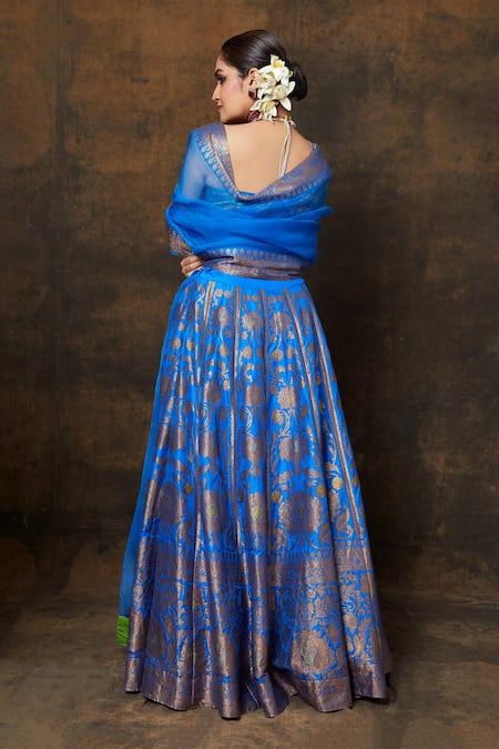 Shop_Vishwa By Pinki Sinha_Blue Silk Zari, Floral Jaal Woven Lehenga Set With Unstitched Blouse Piece _at_Aza_Fashions