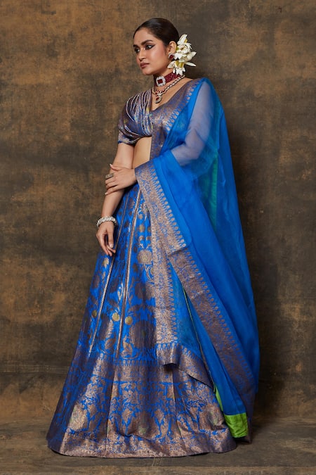 Vishwa By Pinki Sinha_Blue Silk Zari, Floral Jaal Woven Lehenga Set With Unstitched Blouse Piece _Online_at_Aza_Fashions