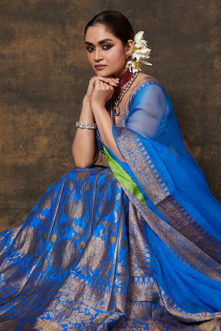 Buy_Vishwa By Pinki Sinha_Blue Silk Zari, Floral Jaal Woven Lehenga Set With Unstitched Blouse Piece _Online_at_Aza_Fashions
