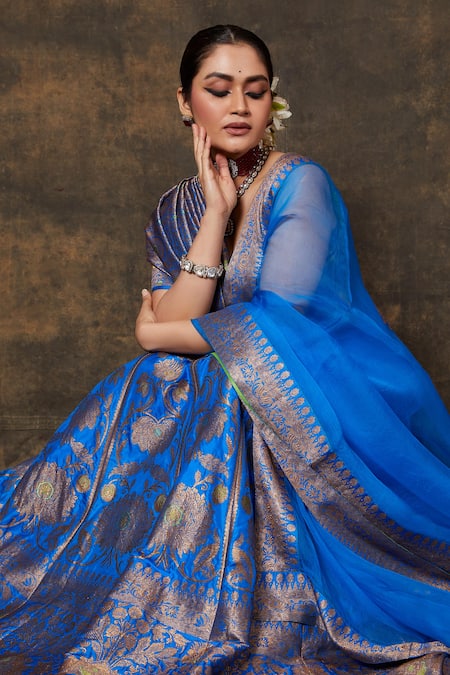 Shop_Vishwa By Pinki Sinha_Blue Silk Zari, Floral Jaal Woven Lehenga Set With Unstitched Blouse Piece _Online_at_Aza_Fashions