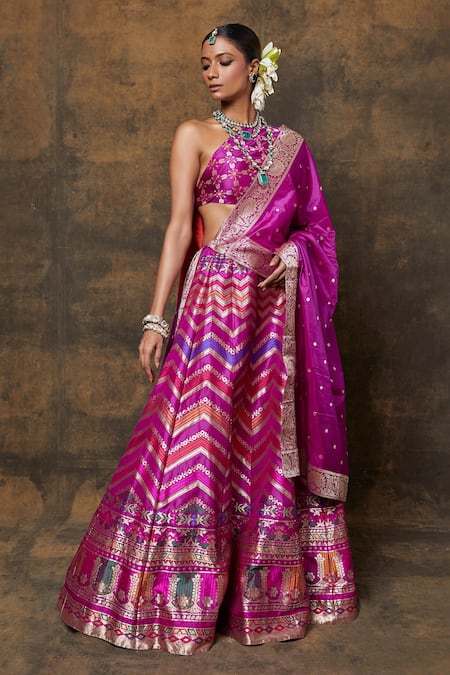 VISHWA BY PINKI SINHA Purple Banarsi Silk Woven Chevron Lehenga Set With Unstitched Blouse Piece 