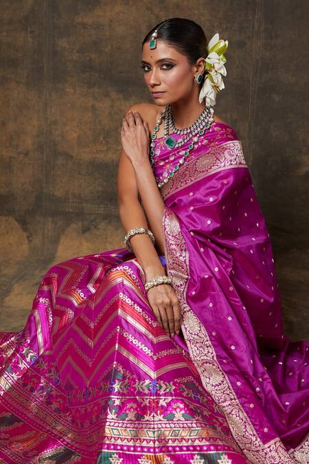 Shop_Vishwa By Pinki Sinha_Purple Brocade, Silk Woven Chevron Lehenga Set With Unstitched Blouse Piece_Online_at_Aza_Fashions