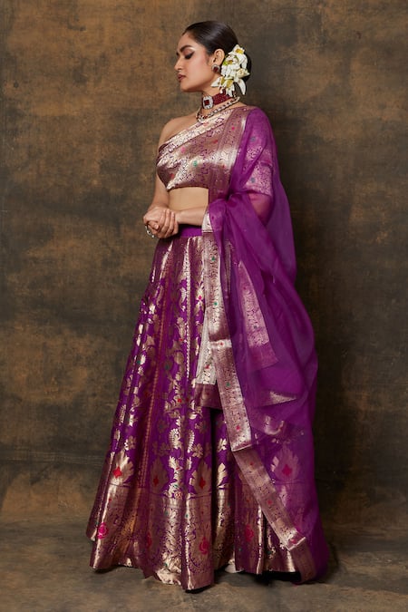 Buy_Vishwa By Pinki Sinha_Purple Silk, Chiffon Woven Floral Vine Lehenga Set With Unstitched Blouse Piece _Online_at_Aza_Fashions