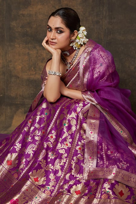 Shop_Vishwa By Pinki Sinha_Purple Silk, Chiffon Woven Floral Vine Lehenga Set With Unstitched Blouse Piece _Online_at_Aza_Fashions