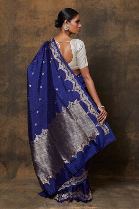 Shop Vishwa By Pinki Sinha Blue Silk Embroidery Banarasi Woven Scallop Saree With Running Blouse Piece at Aza Fashions Shop_Vishwa By Pinki Sinha_Blue Silk Embroidery Banarasi Woven Scallop Saree With Running Blouse Piece_at_Aza_Fashions