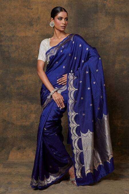 Vishwa By Pinki Sinha Blue Silk Embroidery Banarasi Woven Scallop Saree With Running Blouse Piece Online at Aza Fashions Vishwa By Pinki Sinha_Blue Silk Embroidery Banarasi Woven Scallop Saree With Running Blouse Piece_Online_at_Aza_Fashions
