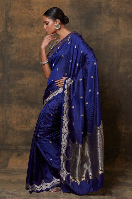 Buy Vishwa By Pinki Sinha Blue Silk Embroidery Banarasi Woven Scallop Saree With Running Blouse Piece Online at Aza Fashions Buy_Vishwa By Pinki Sinha_Blue Silk Embroidery Banarasi Woven Scallop Saree With Running Blouse Piece_Online_at_Aza_Fashions